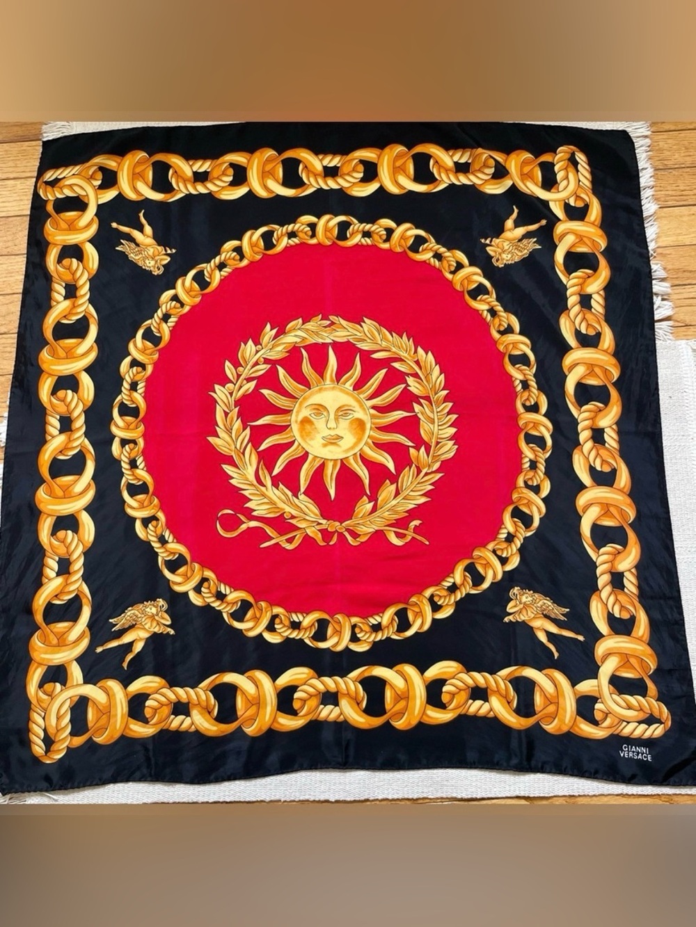 Vintage Gianni Versace Silk Scarf 34x34 Sun Chains Red Gold 100% Silk Italy